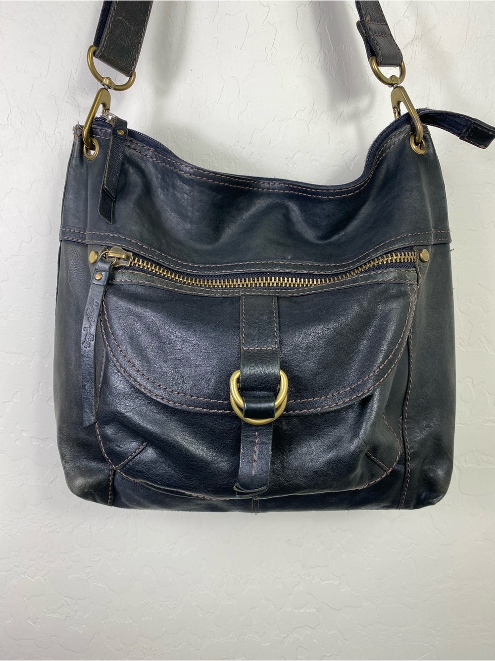 Fossil black Leather Crossbody Bag with Brass Hardware